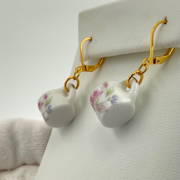 Host Pick! Pink Floral Ceramic Miniature Tea Mug Earrings with a Pink Flower - Picture 7 of 9